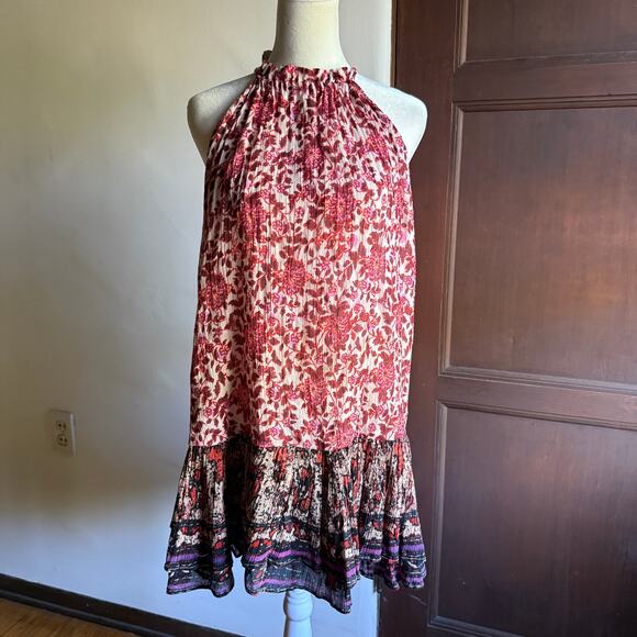 FREE PEOPLE | LYLA Red Floral Gauze High Neck Ruffle Hem Mini Dress | Medium - Picture 2 of 6